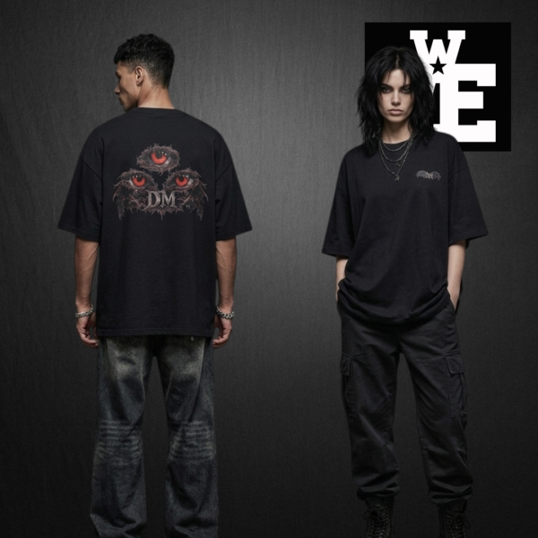 Remera oversize negra unisex modelo Tri-Eye Diabolic Mal Brand vista frente y espalda