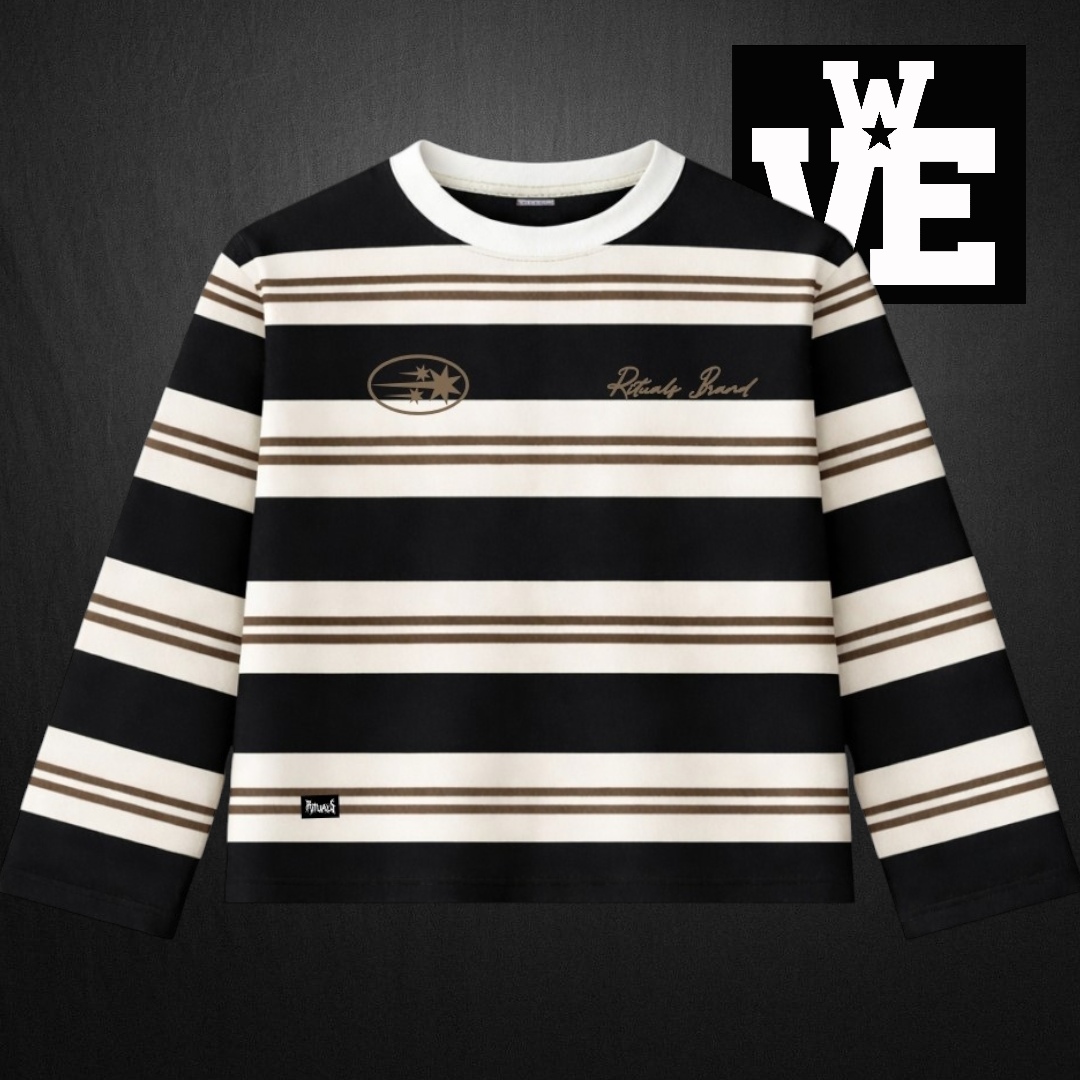 Buzo cuello redondo rayado negro y crema streetwear marca Rituals Brand