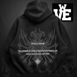 Buzo hoodie negro oversize con estampa gigante de demonio en la espalda Rituals Brand