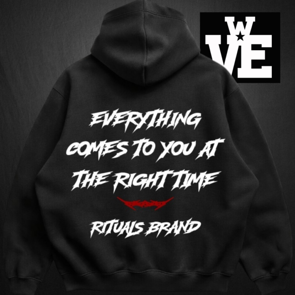 Buzo hoodie negro oversize de algodón frizado con doble estampa marca Rituals Brand