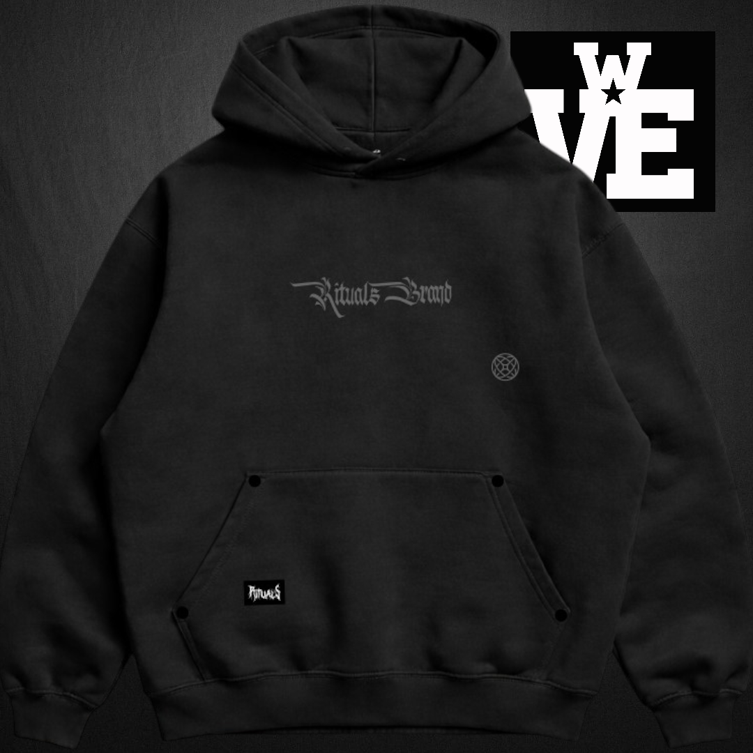 Buzo hoodie negro oversize de algodón frizado con doble estampa marca Rituals Brand