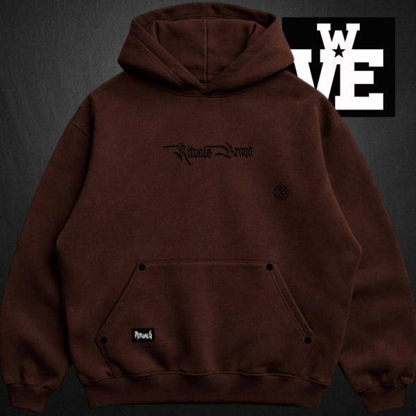 buzo-hoodie-negro-oversize-rituals (8) Buzo hoodie chocolate oversize de algodón frizado con doble estampa marca Rituals Brand
