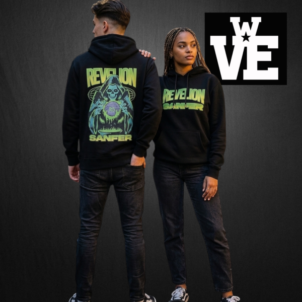 Hoodie Frizado Negro Revelion Sanfer World | Wills Vieja Escuela Streetwear