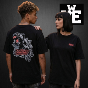 Remera oversize negra unisex modelo Black Panther Diabolic Mal Brand vista frente y espalda